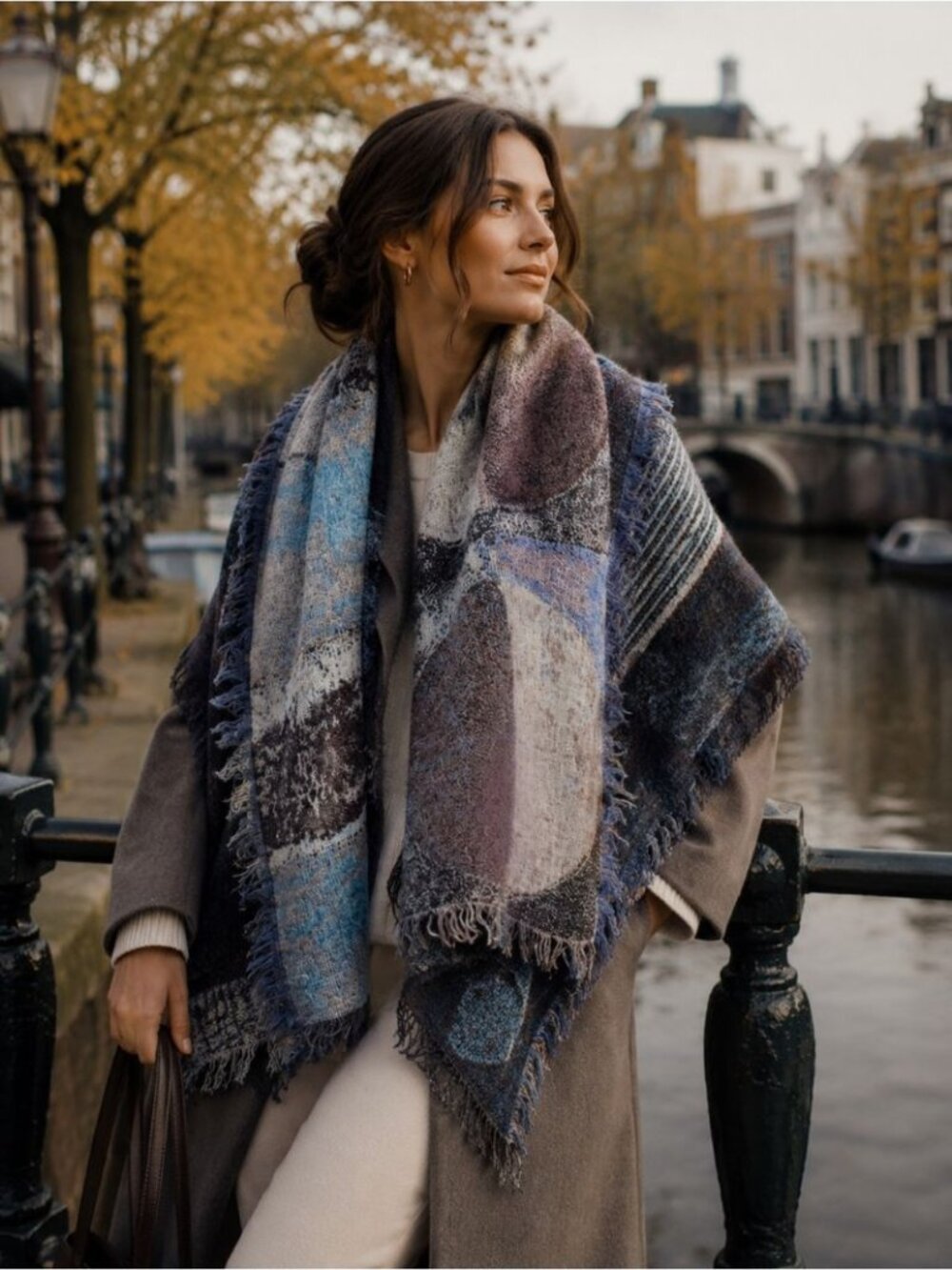 Wilfred Wool Oversized Abstract Blanket Scarf Blue Brown Fringed Boho Cozy Wrap
